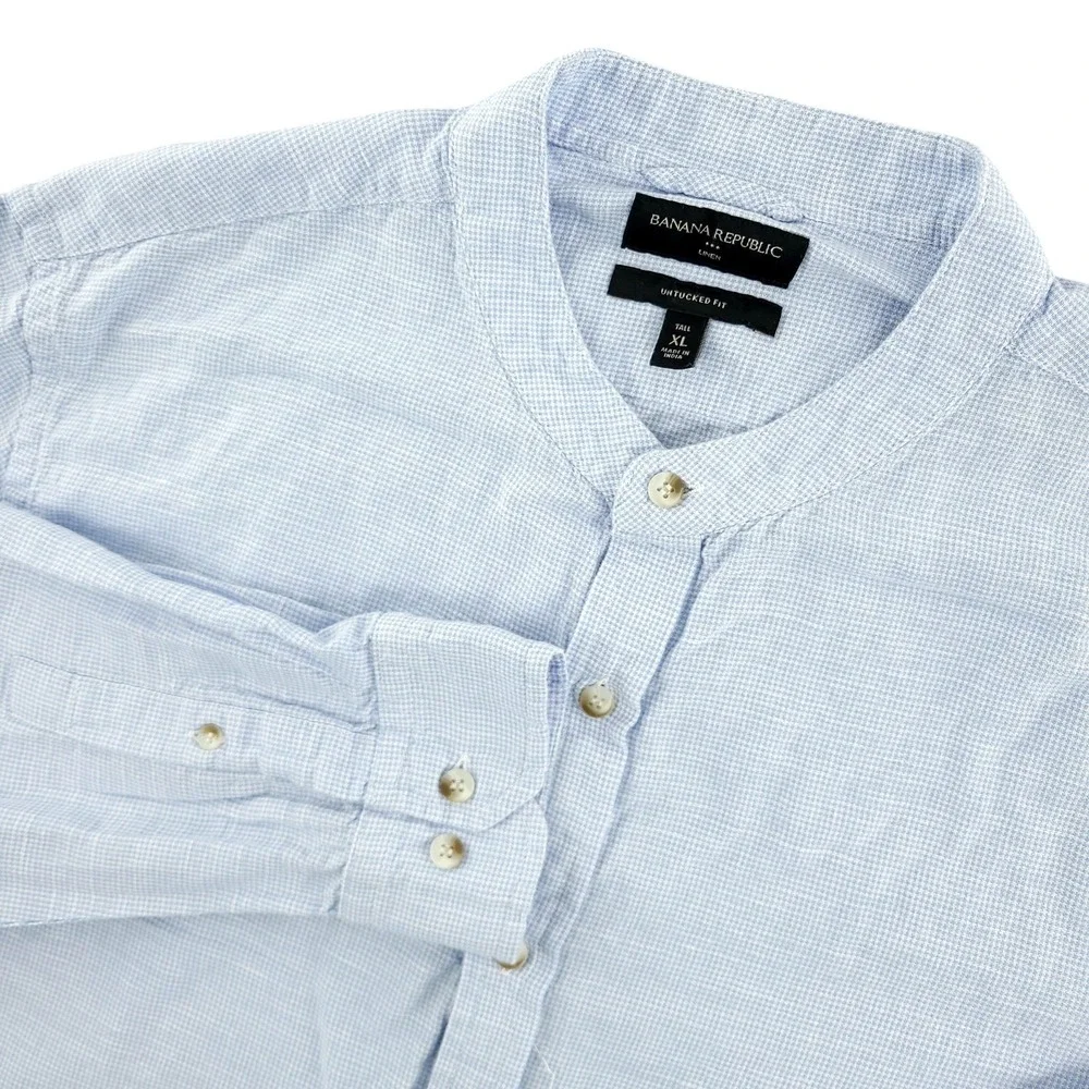 Banana Republic Shirt Mens XLT Blue Check Long Sleeve Linen Button Up Collarless